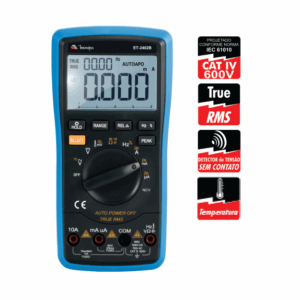 Multímetro Digital Tensão 200mV-1000VDC 200mV-750VAC 200µ -10A AC/DC 200-20 MOhms 20nF-2000 µF 10 Hz-20 MHz -20-1000°C Precisão 0,8% Minipa ET-2402B - Certificado de Calibração RBC